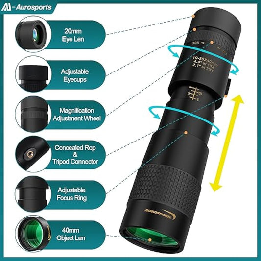Aurosports 10-30x40 Zoom Monocular for Adults, Monocular Telescope High Power with Bak4 Prism, Compact Monoculars for Bird Watching Traveling Hunting Camping