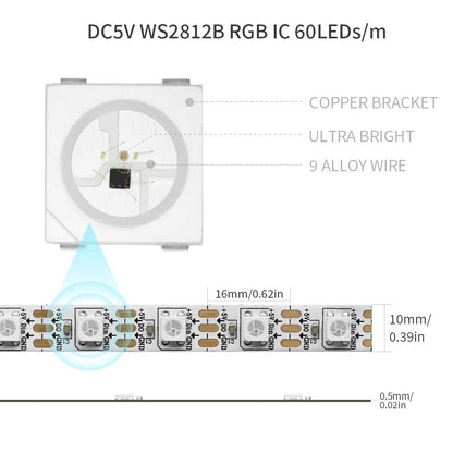 LOAMLIN WS2812B Individually Addressable RGB LED Strip 16.4FT 5050SMD Smart Flexible Dream Full Color 60Pixels/m White PCB Light IP67 Waterproof DC5V