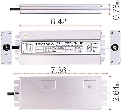 Idealyuan 12VDC 12.5Amp 150Watts LED Driver,Waterproof IP67 LED Power Supply Low Voltage Transformer Adapter,100V-260V AC to 12V DC Output for Any 12VDC LED Lighting