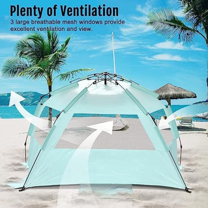 WhiteFang Deluxe XL Pop Up Beach Tent Sun Shade Shelter for 3-4 Person, UV Protection, Extendable Floor with 3 Ventilating Windows Plus Carrying Bag, Stakes, and Guy Lines