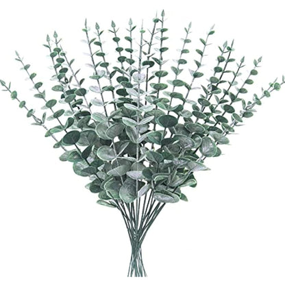Yueshop 20PCS Eucalyptus Stems 38cm/15in Artificial Green with Hoarfrost Effect Vine Leaves Garland for Home, Wedding, Shop Decoration