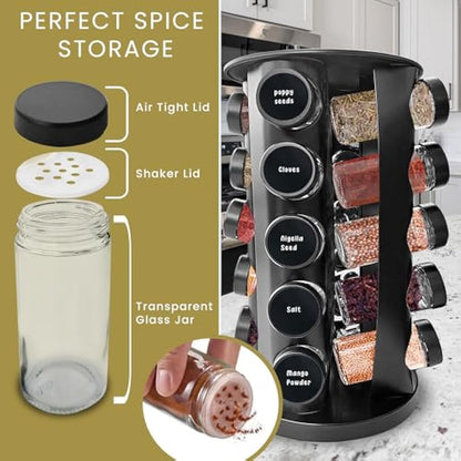 Wize Products - Black Countertop Rotating Spice Rack, 20 Empty-Jars Revolving Organiser 360°, Free Standing Round Carousel Tower, Spice Labels with Funnel for Kitchen Countertop