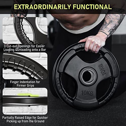 PhysKcal Olympic Weight Plates 4x5kg with Rubber Finish 2?? Opening and Tri-Grips, Black Barbell Plates Discs in Pair for Lifting and Strength