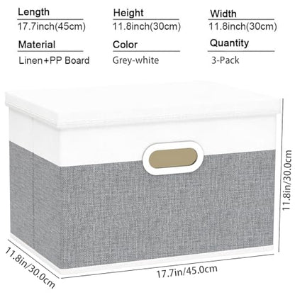 Yawinhe Large Storage Box with Lid 3 Pack, Collapsible Cubes Baskets, for Cupboards, Wardrobe, Shelves, 44x30x30cm, White/Grey, SNK023WGX-3