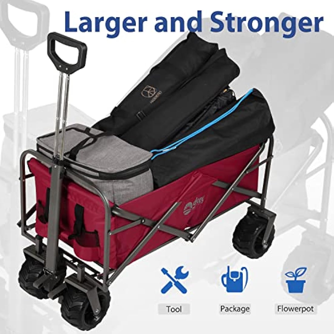 Sekey Folding Festival Trolley with Wide All-Terrain Wheels, 440LB Large Load Capacity, Heavy-Duty Camping Wagon with Brake, Sturdy Beach Garden Cart, Adjustable Handles & Drink Holders, Red