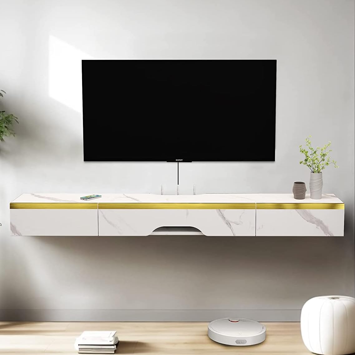 Pmnianhua Floating TV Unit, 59'' Wall Mounted TV Cabinet, Floating Shelves with 2 Drawers and 1 Door