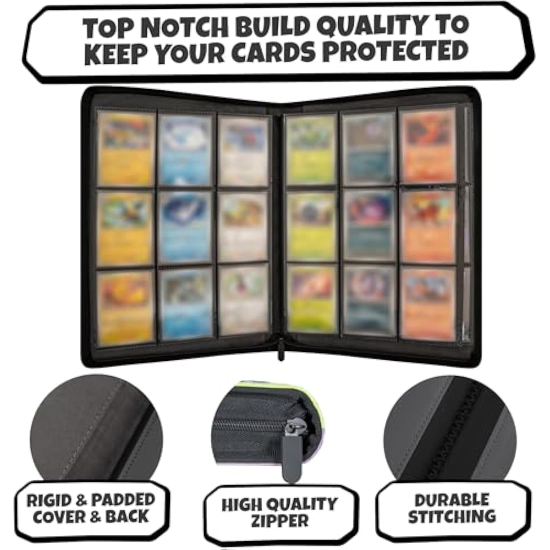3D Card Binder for Pokemon - Stunning 3D Raised Pk Types Design in PU Leather with Zipper - Includes 9 Pocket Pages for 360 Cards. Great Sleeve Album/TCG Holder/Trading Card Collection Book Gift.