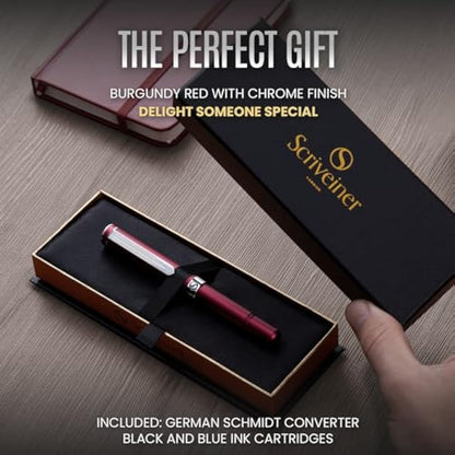 Scriveiner Luxury EDC Fountain Pen (Fine), Stunning Matt Red with Chrome Finish, Schmidt German Nib, Converter, Best Writing Gift Set for Men & Women, Nice Fancy Office Designer Pocket Pen