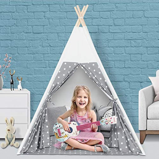 Wilwolfer Teepee Tent for Kids Foldable Children Play Tent for Girl and Boy with Carry Case 4 Poles White Canvas Playhouse Toy for Indoor and Outdoor Games (Grey Teepee Tent)