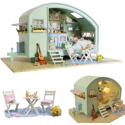 CUTEROOM Miniature Dolls House Kits, Diy Wooden Dolls House Handcraft Miniature House Kit Caravan, Time Travel Model House Kit with Furniture