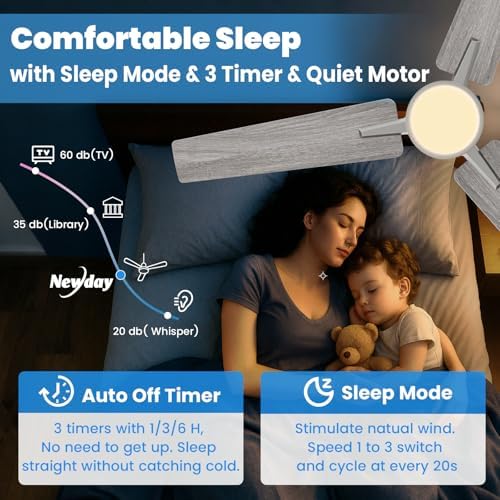 Newday 42inch Silver and Wooden Ceiling Fan with Remote Control, Dimmable LED, Quiet Reversible DC Motor, 6 Speeds, 3 Timer, Memory Function for Bedroom Living Room Basement Kitchen Terrace