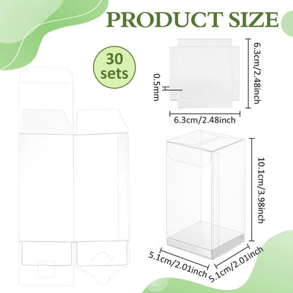 BENECREAT 30 Pcs Clear Gift Boxes, 2x2x4 Inch/5x5x10cm Folding PVC Favor Boxes with Silver Paper Card Base for Wedding Birthday Party Festival Gift