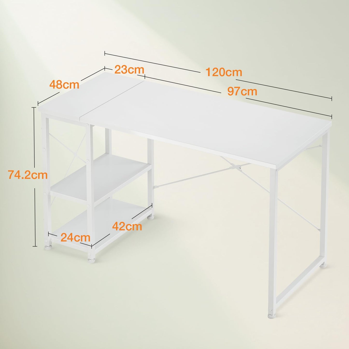ODK Desk with Storage Shelves, Small Computer Desk, 120 x 48 cm, White