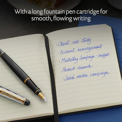 Waterman Expert Fountain Pen | Metal & Black Lacquer with Gold trim & Chiselled cap | Stainless steel Medium Nib | Blue Ink | Gift Box