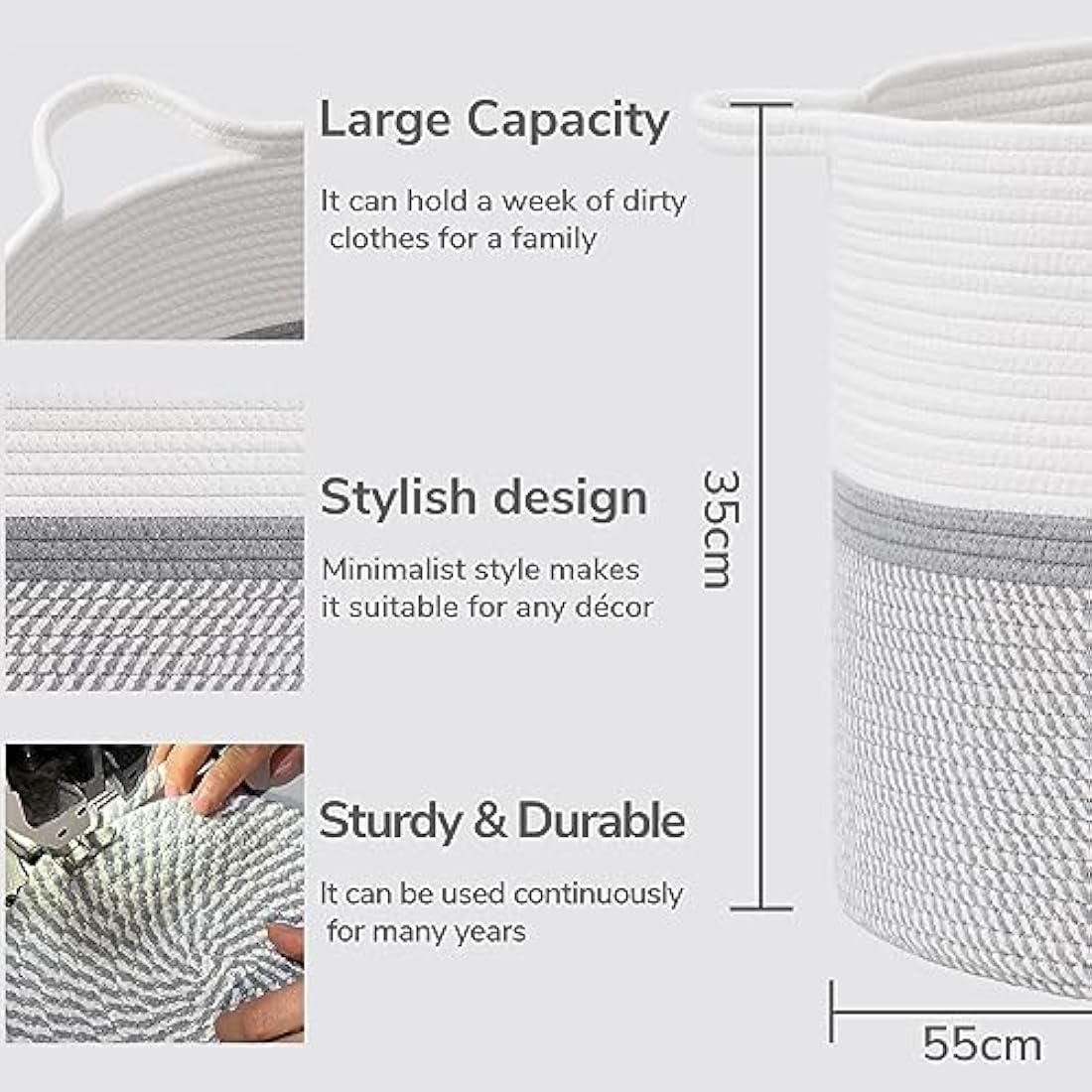 XXXL Extra Large Laundry Basket Cotton Rope Woven Basket Throw Blanket Storage Baskets Living Room with Handle for Clothes Towels Toys Living Room Bedroom Decorative Hamper, 55x35cm, Grey