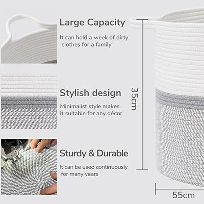 XXXL Extra Large Laundry Basket Cotton Rope Woven Basket Throw Blanket Storage Baskets Living Room with Handle for Clothes Towels Toys Living Room Bedroom Decorative Hamper, 55x35cm, Grey