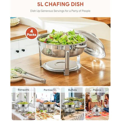 Wilprep Chafing Dish Buffet Set of 4, Round Stainless Steel Chafing Dishes and Food Warmers with Lids Food Pans & Fuel Holders, 5L Buffet Trays for Restaurant Catering Parties Weddings Picnics