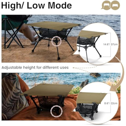 OneTigris Dipper Camping Table, Lightweight Portable Folding Table with Mesh Storage Net, High/Low Options, Ideal for Camping, Hiking, Tailgating, Beach, Picnic, Travel, Backyard