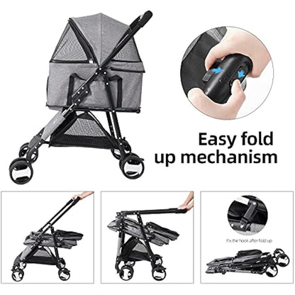 Bingopaw Pet Stroller, Foldable Dog Pram 4 Wheel Kitten Pram for Puppy and Cat with Detachable Blanket and Rain Cover as Gift Loads Up to 20KG