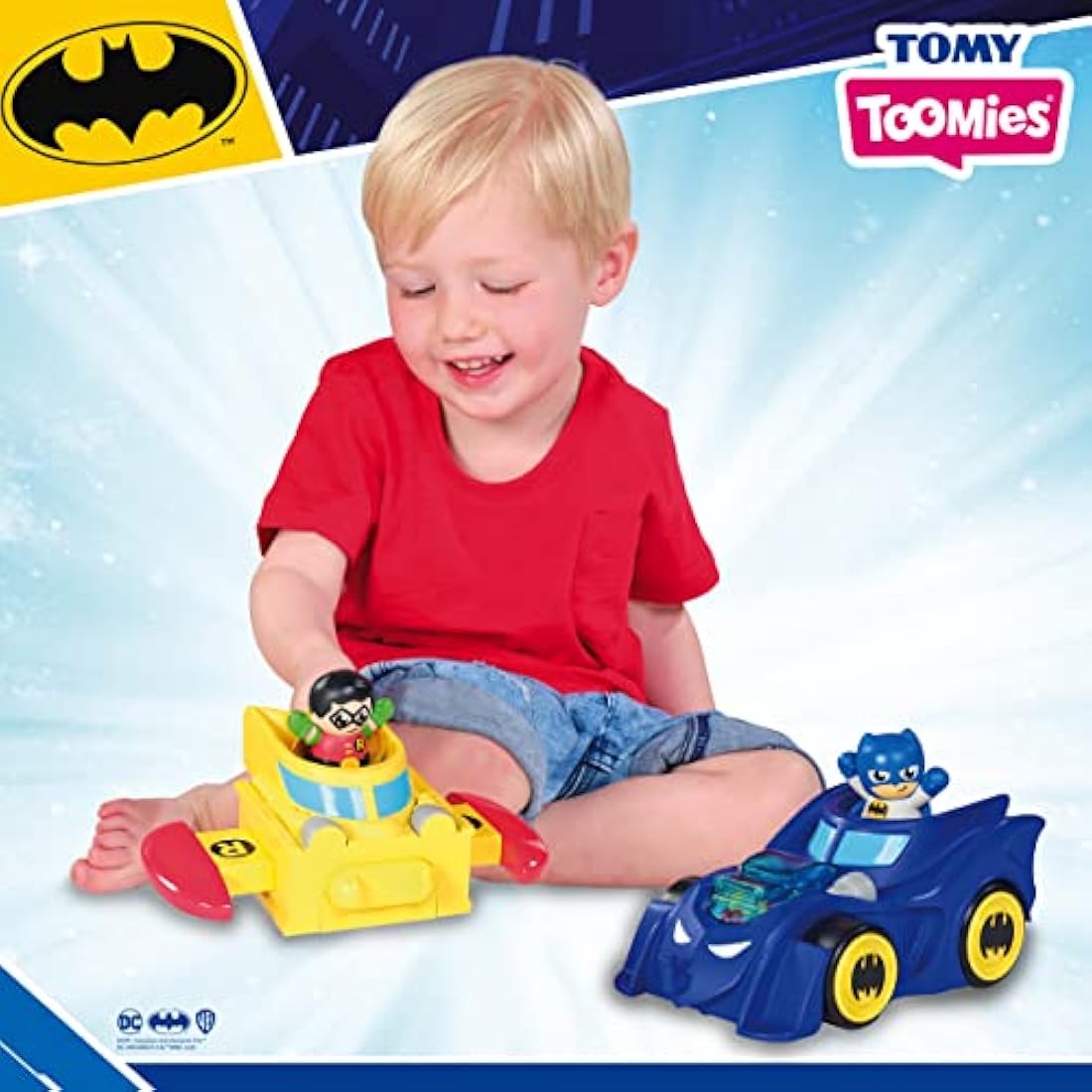 Toomies DC Comics BATMAN E73262 3 in 1 Batmobile from Vehicle Transforms into Mini Batmobile and Jet – Engine Popping Effect – Flywheel Drive Push Along – From 12 Months