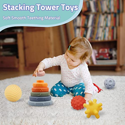 24 Pack Montessori Toys for Babies, Soft Building Blocks for Baby, Sensory Teethers Toy Educational Squeeze Play Stacking Toys Gifts for Baby Boys Girls 6 9 12 Months 1 2 3 Year Old