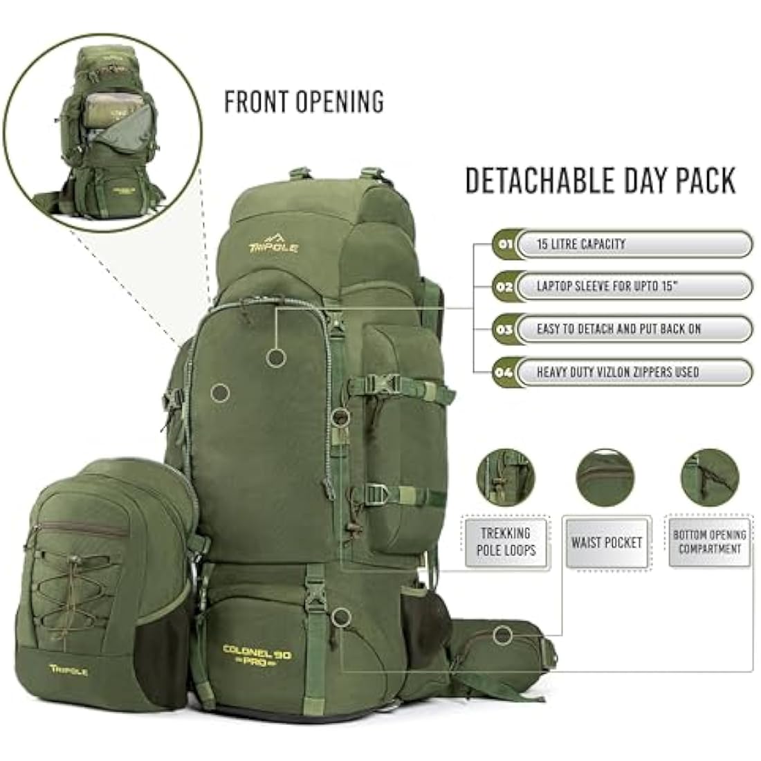 Tripole Colonel Pro Metal Frame Rucksack | Front Opening | Detachable Bag | Rain Cover (90 Litres, Army Green)