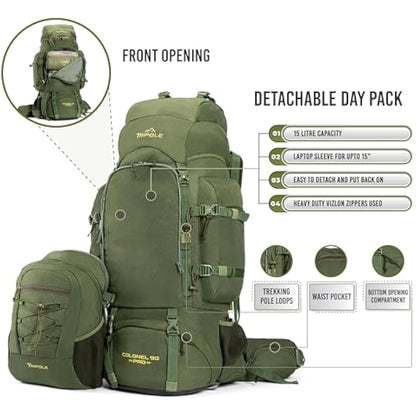 Tripole Colonel Pro Metal Frame Rucksack | Front Opening | Detachable Bag | Rain Cover (90 Litres, Army Green)