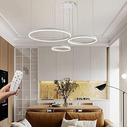 STARRYOL Modern LED Pendant Light, 3 Rings White Paint Collection, Adjustable Pendant Light Modern Ceiling Chandelier, Dimmable 2700K - 6500K, with Remote Control 78W