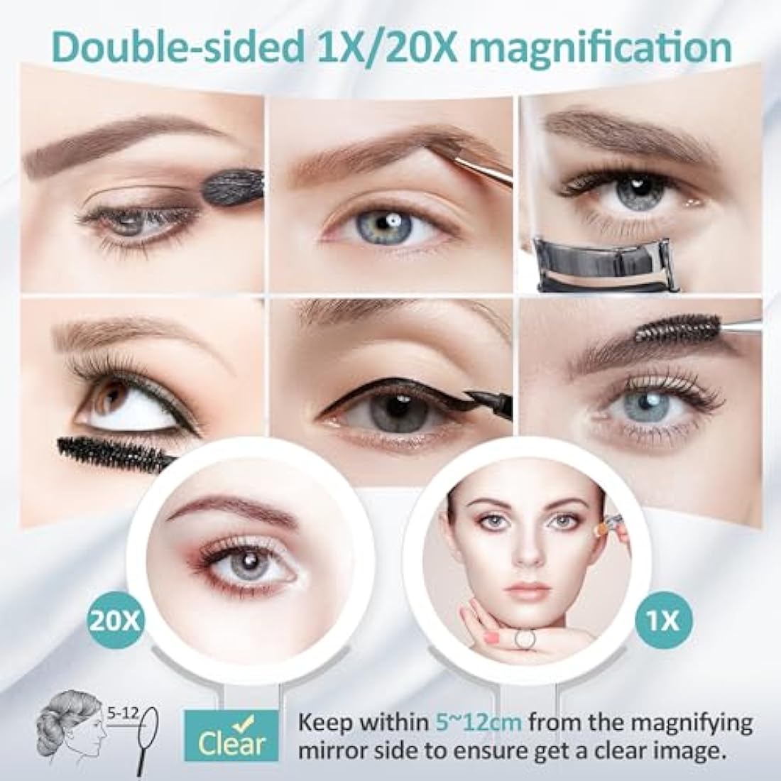 Travel Mirror with Light,Double-sided 20x/1x Magnifying Makeup Vanity Mirror,Rechargeable Adjustable Brightness 3 Colour Lighting,Folding,Handheld/Hangable/Tabletop,3 ways Using Mirror,White