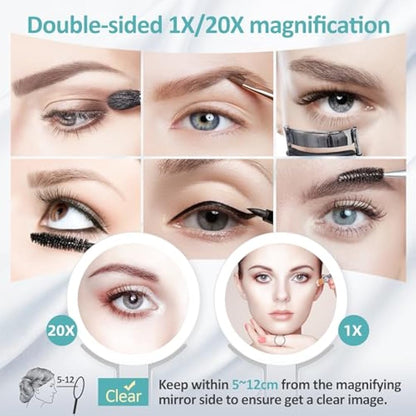 Travel Mirror with Light,Double-sided 20x/1x Magnifying Makeup Vanity Mirror,Rechargeable Adjustable Brightness 3 Colour Lighting,Folding,Handheld/Hangable/Tabletop,3 ways Using Mirror,White