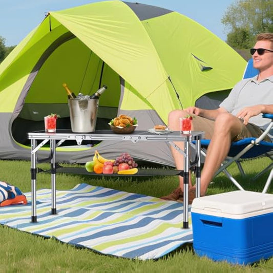 Anbte Folding Camping Table, Aluminum 88 cm x 40 cm Portable Table Picnic Table with Storage Net Adjustable Waterproof Lightweight Foldable Stored for Outdoor Indoor Picnic Beach Backyard(3 heights)