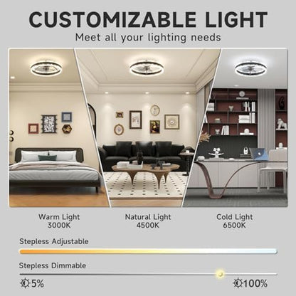 VOLISUN Ceiling Fans with Lights and Remote, 40cm Modern Smart LED Ceiling Fan Light, 6 Speeds and 3000K-6500K Dimmable Quiet Fan Ceiling Lights for Bedroom Living Room Dining Room (Black)
