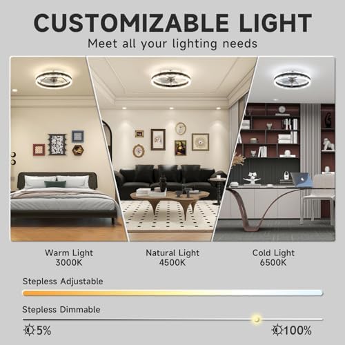 VOLISUN Ceiling Fans with Lights and Remote, 40cm Modern Smart LED Ceiling Fan Light, 6 Speeds and 3000K-6500K Dimmable Quiet Fan Ceiling Lights for Bedroom Living Room Dining Room (Black)