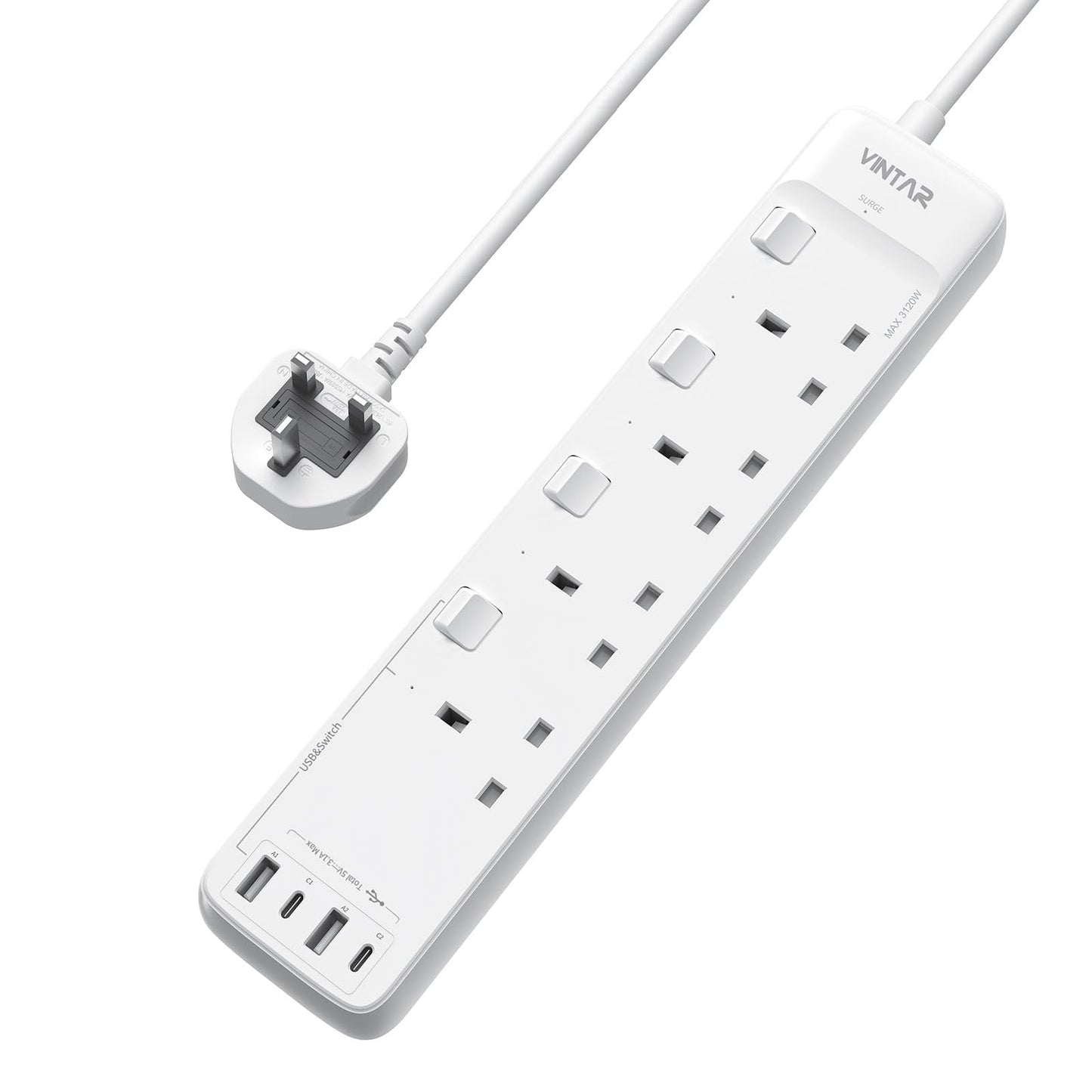 VINTAR Extension Lead with USB Slots, 4 Way Sockets with 2USB and 2USB-C Ports, Mountable Surge Protected Extension Lead with Individual Switches,