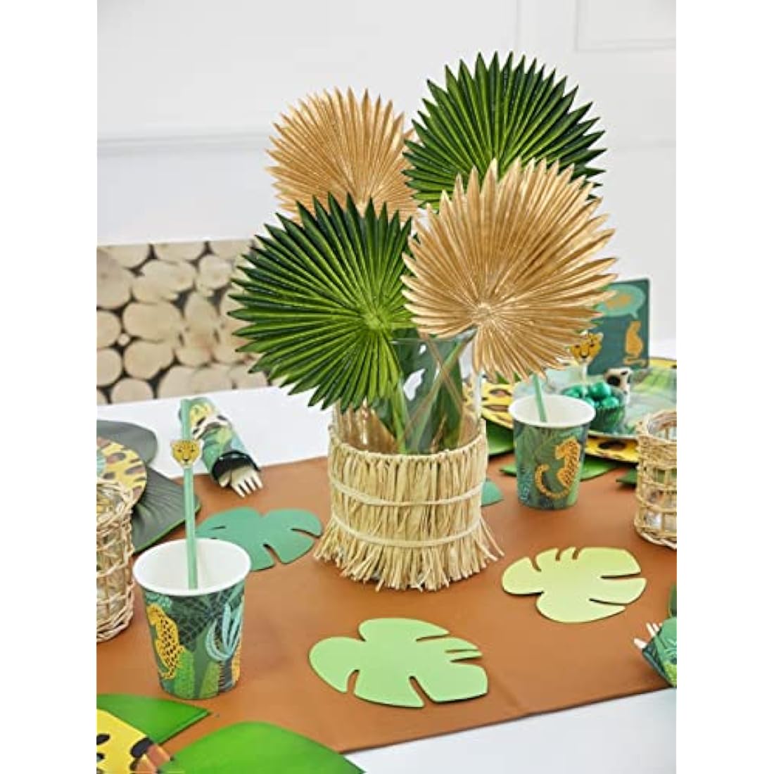 Briful 2 Packs Green Palm Leaf Artificial Leaves Stems, Fake Plants 6 PCS Palm Leaves Stems Artificial Plants Indoor for Home Decor, Cake Arrangements, Table Centerpieces