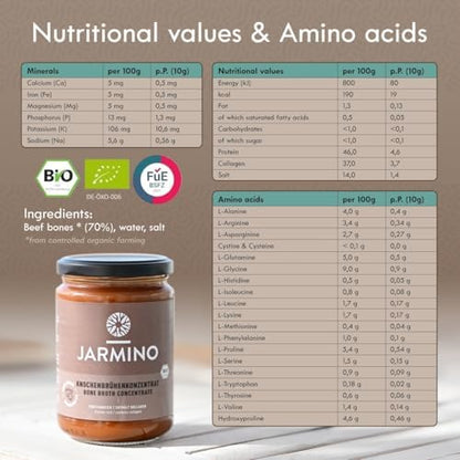 JARMINO Bone Broth Organic, Concentrate Beef Bone Broth440g, 44 Servings, Grazing & Grass-Fed Beef Stock, Keto Dairy Free Beef Broth Food