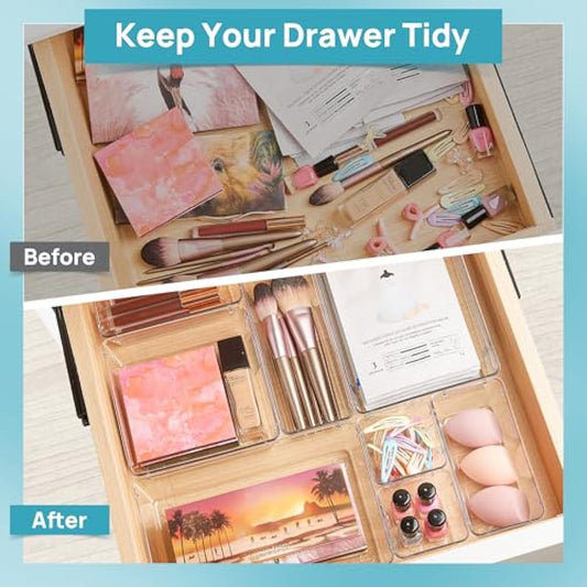Vtopmart 28 PCS Clear Plastic Drawer Organizers Set, 4-Size Bathroom and Vanity Drawer Organizer Trays, Acrylic Storage Bins for Makeup, Cosmetic, Kitchen Utensils
