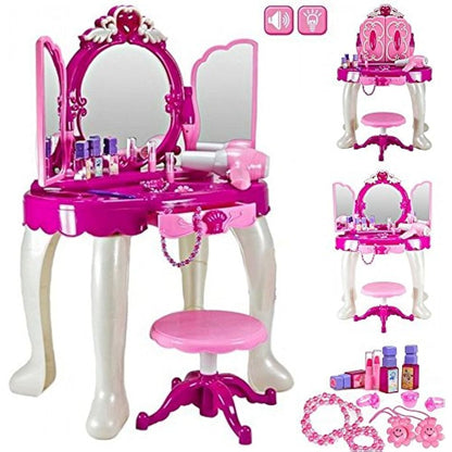 Delex® Girls Glamour Mirror Makeup Dressing Table Stool Playset Toy Vanity Light & Music Great Christmas XMAS Gift New