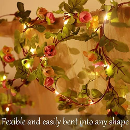 Fielegen 2 Pack Artificial Flower String Lights 4.4M 40 LED Battery Powered Rose Flower Garland with Lights for Valentine Mother's Day, Garden Wedding Birthday Holiday Party Bedroom Decor