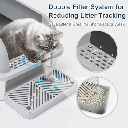 Suzzipaws Enclosed Stainless Steel Cat Litter Tray with Lid Extra Large Litter Box for Big Cats XL Metal Litter Pan Tray with High Wall Sides Enclosure, Non-Sticky, Anti-Leakage, Easy Cleaning
