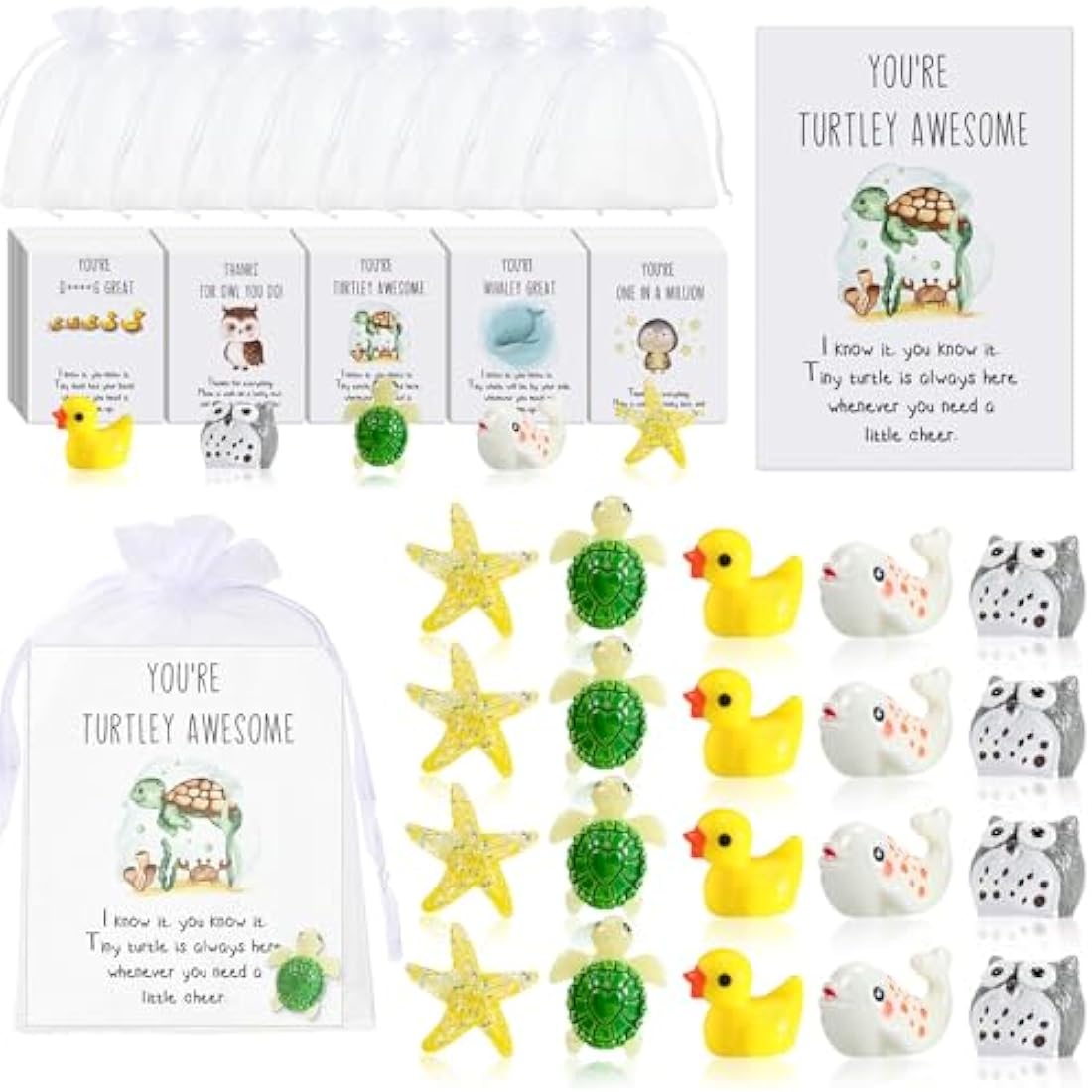 Fumete 100 Set Employee Appreciation Gifts Bulk for Coworkers Thank You Staff Gift Animal Pun Inspirational Note Cards Funny Resin Ducks Stars Whales Turtles Owls Office Gifts Pocket Favors