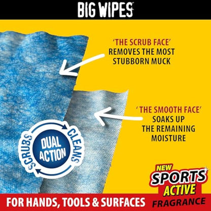 Big Wipes Heavy Duty Pro+ Hand Wipes in Dispenser Tub (x100) Textured Dual-Sided with Skincare. Ultra Efficient on Grime. Heavy Duty & Industrial Cleaning Products for Tradespeople