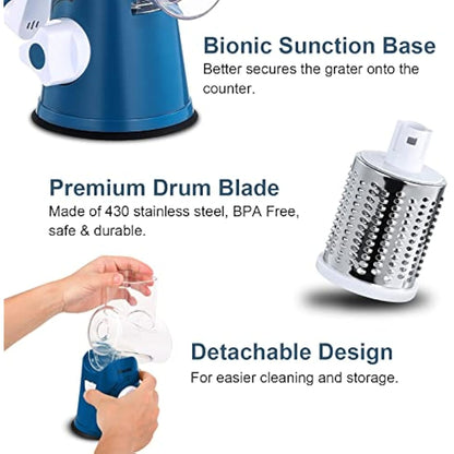 Rotary Cheese Grater, Vegetable Slicer with Three Drum Blades, Grater for Kitchen Faster and Easy Cutting, Rotary Drum Grater Ideal for Cheese, Cucumber, Carrot, Nuts, etc.
