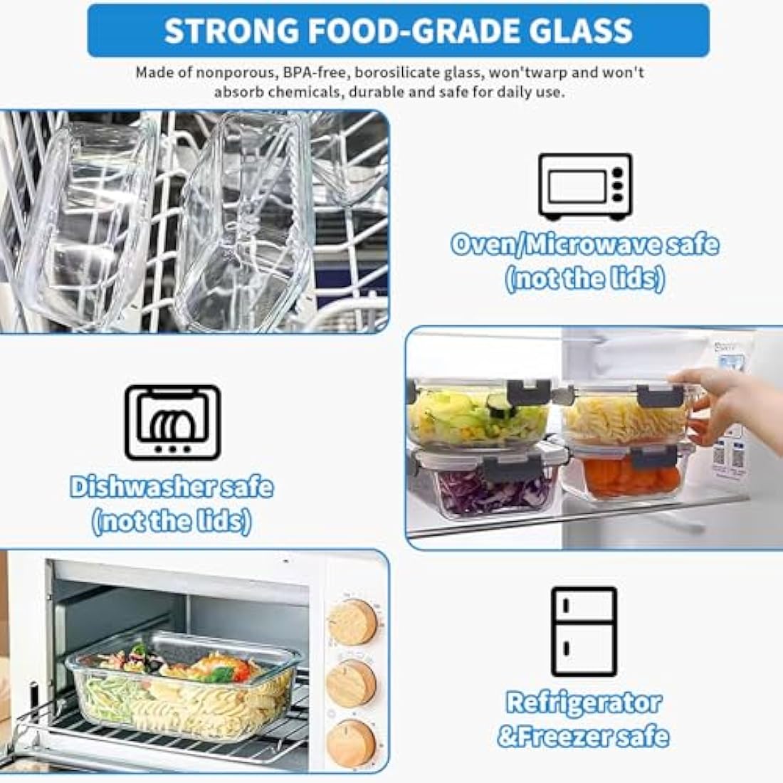Glass Containers with Lids, 10 Pack Airtight Glass Meal Prep Containers, Glass Food Storage Containers, Reusable, Stackable, Microwave, Oven, Freezer and Dishwasher, 1050ml & 370ml (Gray)