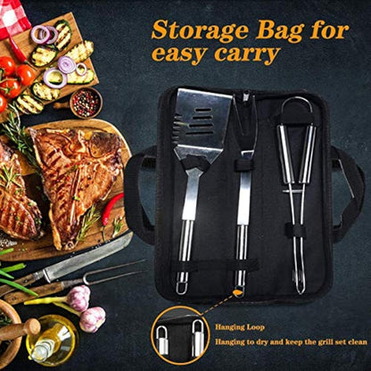 QH7 3Pack BBQ Barbecue Tool Set, Stainless Steel Outdoor Barbecue Grill Utensils Set with Storage Bags for Picnics