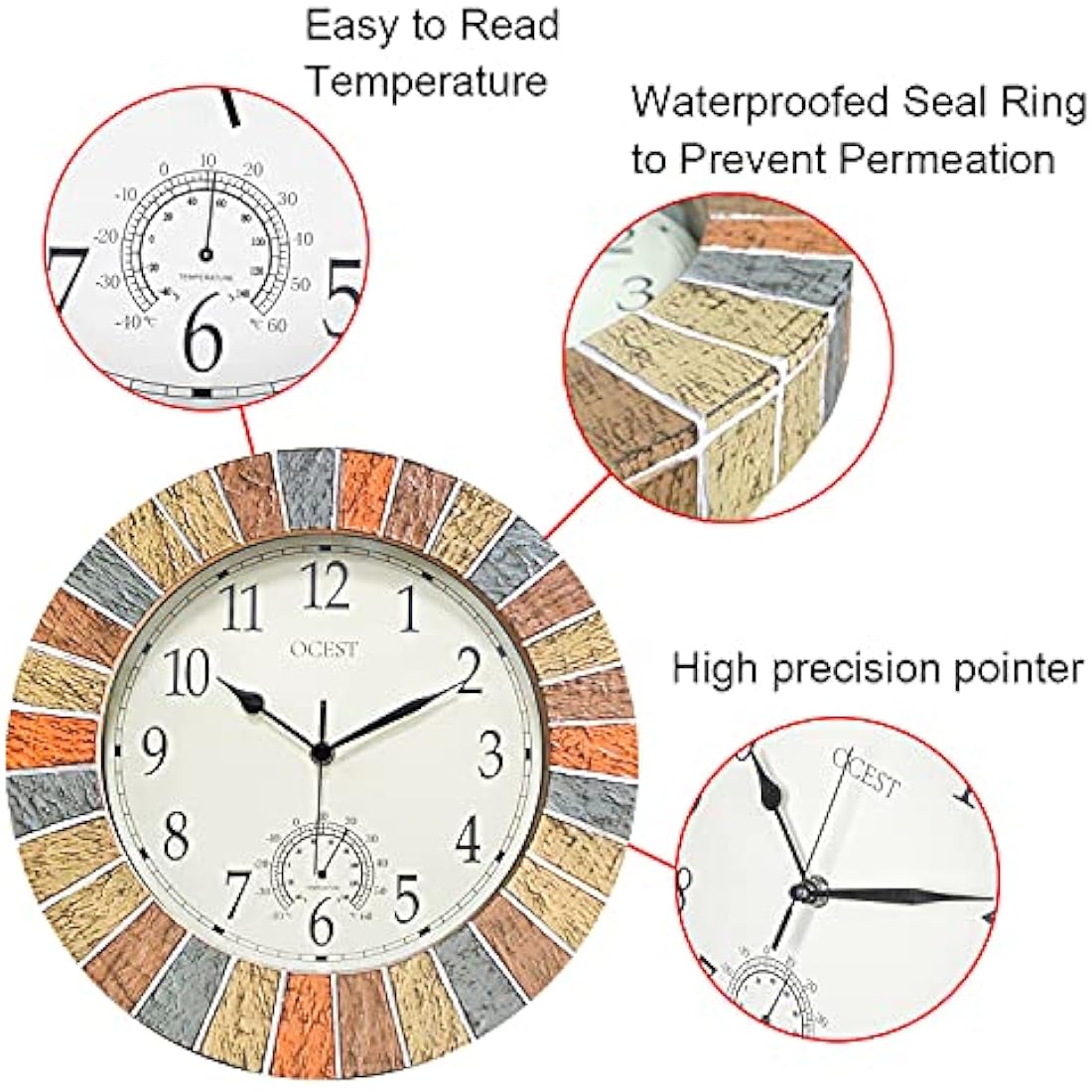 OCEST 13inch Garden Clock, Large Waterproof Outdoor Indoor Wall Clocks with Thermometer, Weather-Resistant Non-Ticking Battery Operated Decor for Patio, Pool