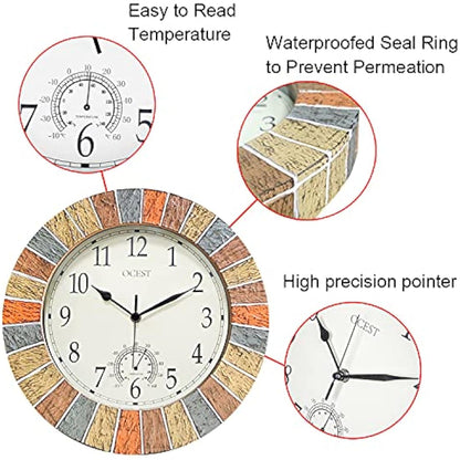 OCEST 13inch Garden Clock, Large Waterproof Outdoor Indoor Wall Clocks with Thermometer, Weather-Resistant Non-Ticking Battery Operated Decor for Patio, Pool
