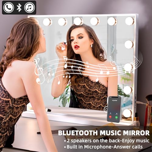 Hansong Bluetooth Hollywood Vanity Mirror with Lights, USB Charging, Touchscreen Control for Bedroom, Large 15 Dimmable LED Bulbs Makeup Mirror