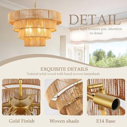 Schindora 50CM Boho Pendant Light,Hand-Woven Rattan Lampshade 6-Lights Light Shade 4 Round Transitional Rustic Large Lamp Shades Ceiling for Kitchen Island Bedroom Dining Room Living Room,Brass