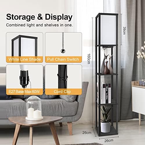 OUTON Floor Lamp Shelf with Remote Control, Dimmable & 4 Colour Temperature Adjustable, 1H Timer, LED Floor Lamp with 2 USB Ports, Floor Lamps with Lampshade for Living Room, Bedroom, Office(Black)
